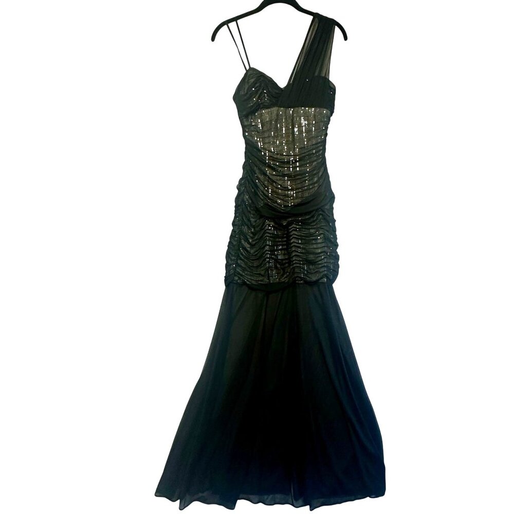 Hailey Logan By Adrianna Papell Black One-Shoulder  Sequin & Sheer Dress Sz 5/6